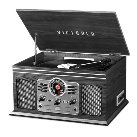 Victrola VTA-200B sivá / Gramofón s rádiom & CD & MC mechanikou / 33 & 45 & 78 / FM / BT / RCA / repro