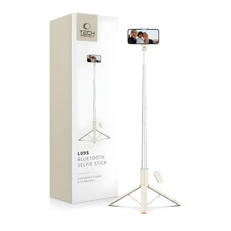 Tech-Protect L09S béžová / Selfie tyč / Statívová funkcia / Bluetooth diaľkové ovládanie / Teleskopická 146 cm