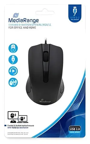 MediaRange MROS210 čierna / Optická myš / 1000 DPI / USB / 3 tlačidlá / 1,5 m