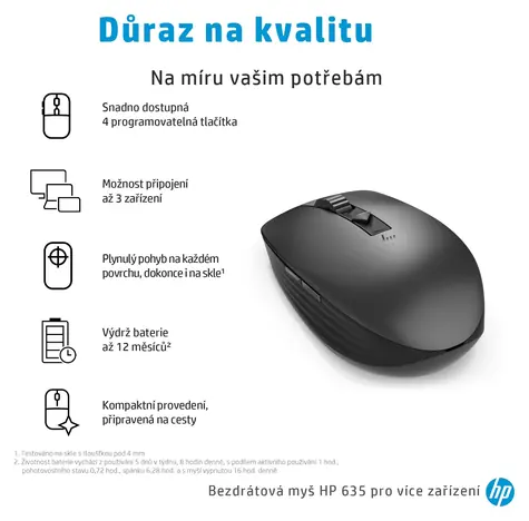 HP 635M čierna / Bezdrôtová myš / Multi-Device / 4 tlačidlá / 1200 DPI / Bluetooth + 2,4 GHz