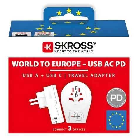 SKROSS Cestovný adaptér Europe pre cudzincov v ČR / typ E/F / USB-A+C / PD 20W