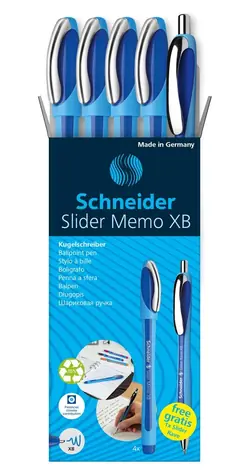 Schneider Slider Memo + Rave modrá / Guľôčkové pero / sada 5 ks v puzdre / extra silný hrot