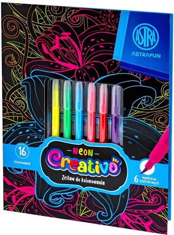 ASTRA CREATIVO Vyfarbovací set Neon Flowers / Omaľovánky / 6 neónových farieb / predkreslené motívy