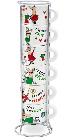Bialetti Italia sada 6 šálok s kovovým stojanom / Sada šálok na kávu / 6 ks / kovový stojan