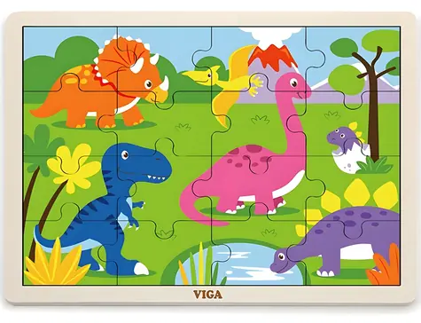 VIGA Drevené puzzle Dinosaury / 16 dielikov / s rámčekom / 27,5 x 20 cm