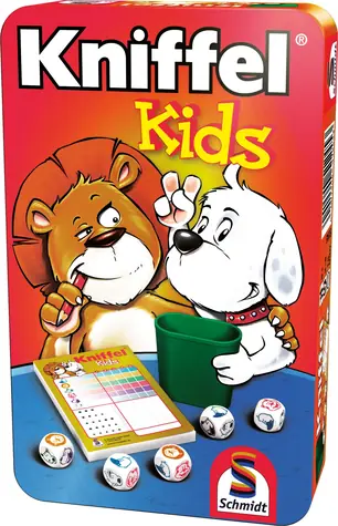 Schmidt Detská hra s kockami Kniffel Kids v plechovej krabičke / Kocková hra / 5 kociek so zvieratkami