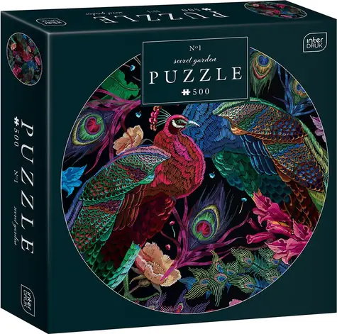 INTERDRUK Okrúhle puzzle Secret Garden: Pár pávov / 500 dielikov / priemer 63 cm