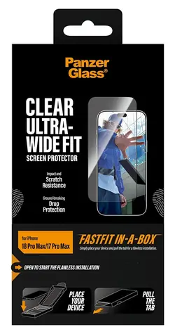 PanzerGlass Ultra-Wide FastFit pre iPhone 17/18 Pre Max / Ochranné sklo / Plne nalepovacie / s aplikačným boxom
