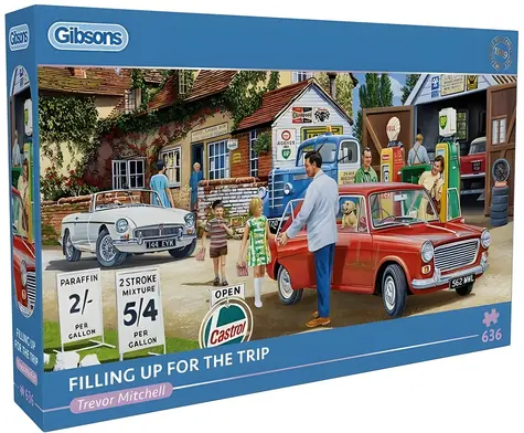 GIBSONS Panoramatické puzzle Tankovanie pred cestou / 636 dielikov / 69 × 32 cm
