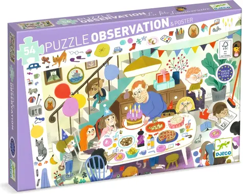 DJECO Puzzle Observation: Narodeninová párty / 54 dielikov / 61x38 cm