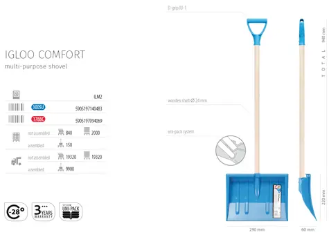 Prosperplast Detská lopata na sneh IGLOO COMFORT svetlo modrá / Detské zimné náradie / Plast a drevo / 94 cm