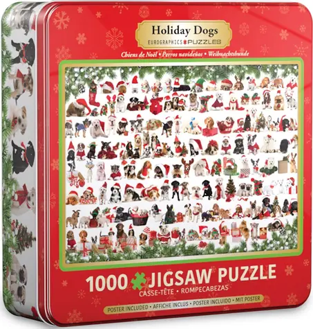 EUROGRAPHICS Puzzle v plechovej krabičke Vianočné psy / 1000 dielikov / 67,6 × 48,9 cm