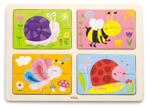 VIGA Drevené puzzle Zvieratá z lúky / 4x4 dielikov / drevo / od 18 mesiacov