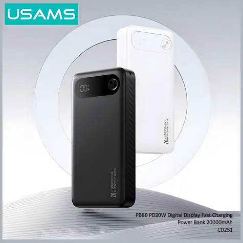 USAMS PB80 biela / Powerbanka / 20000mAh / PD 20W / USB-C + 2x USB-A / LED displej