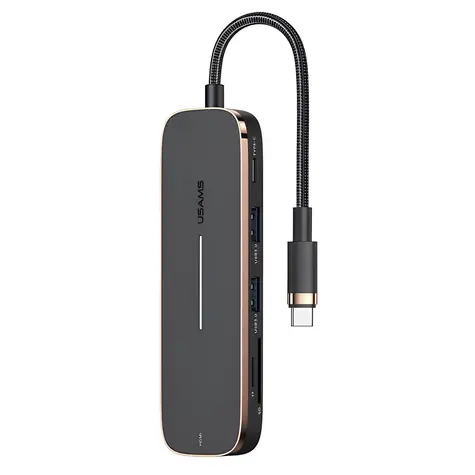 USAMS SJ575 čierna / USB-C hub 6v1 / HDMI 4K 30Hz / 2x USB 3.0 / SD a microSD / PD 100W