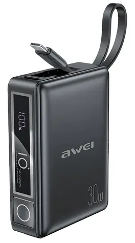 AWEI P87K čierna / Powerbanka / 10000mAh / 30W / integrovaný kábel USB-C + Lightning