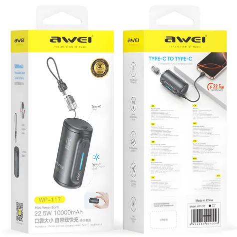 Awei WP-117 čierna / Powerbanka / 10000mAh / 22,5 W / 2x USB-C