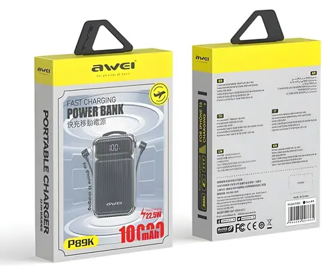 Awei P89K čierna / Powerbanka / 10000mAh / Bezdrôtové nabíjanie / PD 20W / káble USB-C + Lightning