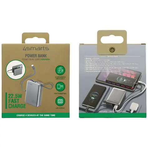 4smarts Pocket Dual Cord 20000mAh šedá / Powerbanka / vstavaný kábel USB-C 15 cm / 22,5 W / USB-A + USB-C