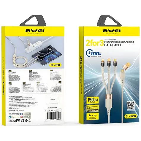 AWEI CL-228 3v1 čierna / Kábel / USB-C - USB-C + Lightning + Micro-USB / 100W / LED displej / 1,5 m