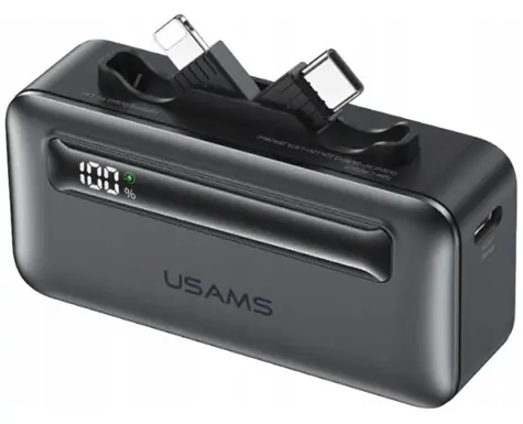 USAMS XB-Series CD233 strieborná / Powerbanka / 5000 mAh / PD 20W / vstavaný kábel USB-C/Lightning