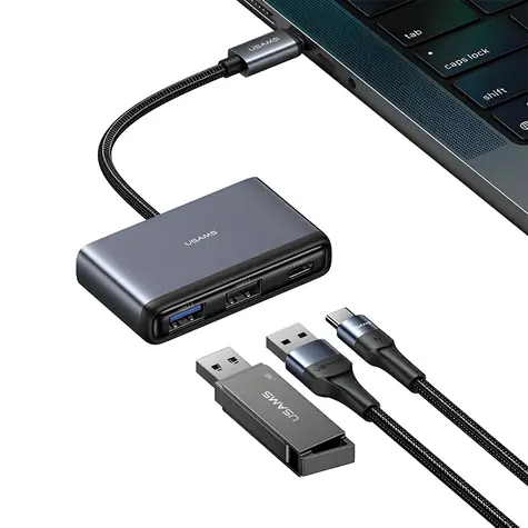 USAMS SJ628 sivá / Adaptér USB-C hub 5v1 / USB 3.0 / USB 2.0 / TF/SD čítačka kariet