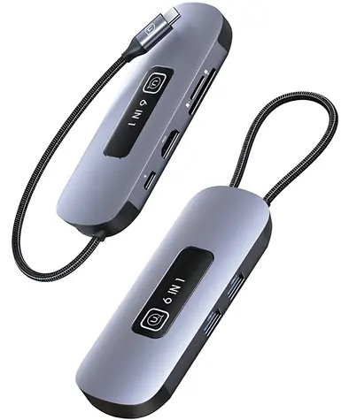 USAMS US-SJ642 sivá / USB-C hub / 6v1 / 2x USB 3.0 / SD / TF / HDMI 4K / PD 100W