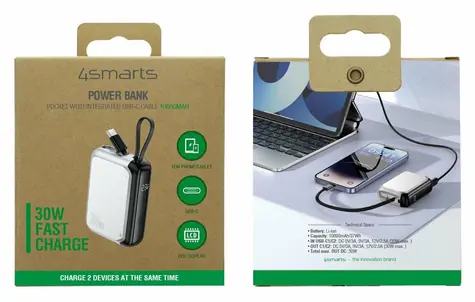 4smarts Pocket 10000mAh strieborná / Powerbanka / 30W / vstavaný USB-C kábel 15cm / displej