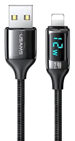 USAMS SJ543 U78 čierna / Dátový kábel / Lightning / 1.2 m / LED / 2.4A / Nylon