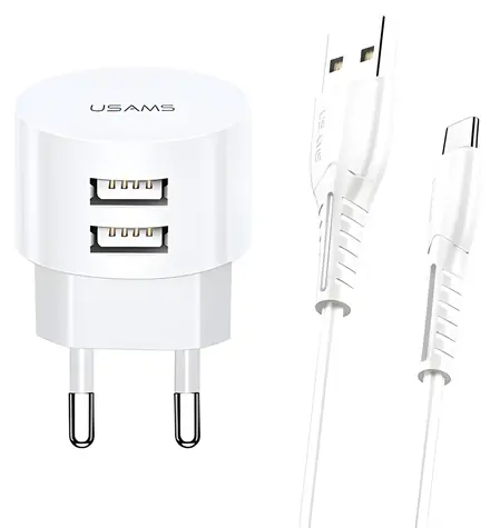 USAMS T20 biela, USB-C kábel / Nabíjačka / 2x USB-A / 2.1A