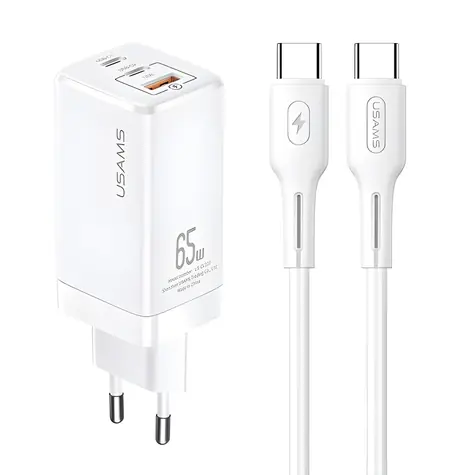 USAMS T33 biela / Nabíjačka / GaN / 65W / 2x USB-C + USB-A / PD / vr. kábla USB-C-USB-C