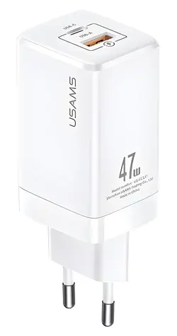 USAMS T41 biela / Nabíjačka / GaN / USB-C + USB-A / 47W / PD, QC4.0