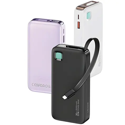 USAMS US-CD225 biela / Power Bank / 10000 mAh / Výsuvný kábel Lightning / PD 20W