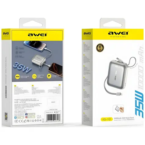 Awei AS-181 strieborná / Powerbanka / 10000mAh / 35W / USB-C + Lightning kábel