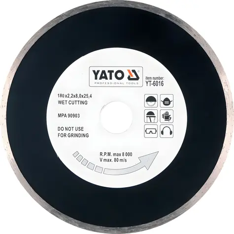 YATO Kotúč diamantový rezný 180x25, 4 mm hladký / Mokré rezanie / Keramika, sklo, porcelán / Max. 8000 ot/min
