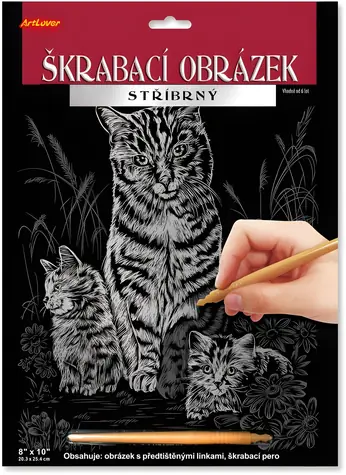 Škrabací obrázok strieborný Mačka s mačiatkami / Výtvarná sada / 20x25 cm / od 6 rokov