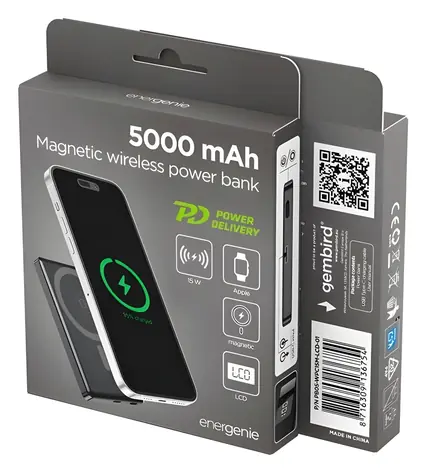 Magnetická bezdrôtová powerbanka 5000 mAh čierna / Powerbanka / 15 W bezdrôtovo / LCD displej