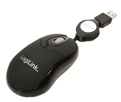 LogiLink Mini optická myš s navíjacím káblom čierna / Myš / USB / 800 DPI / 3 tlačidlá