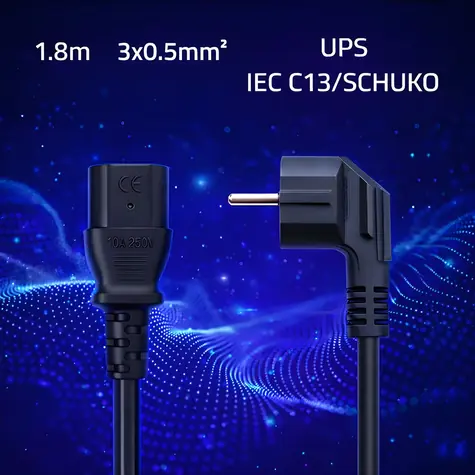 Napájací kábel Schuko - IEC C13 90° / Napájací kábel / CEE 7/7 (E/F) - IEC C13 / uhlový / meď Cu / 1,8 m