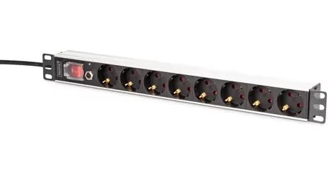 Digitus PDU 1U 8x Schuko čierna / Zásuvková lišta / 230V/16A/4000W / kábel 2m / hliníkové telo / vypínač