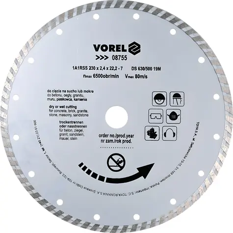 Vorel Kotúč diamantový rezný turbo 230x22,2x2,4 mm / Mokré aj suché rezanie / max. 6500 ot/min