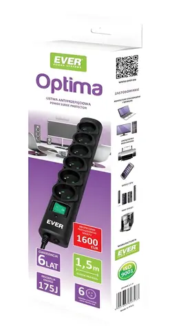 OPTIMA predlžovací kábel 3 m čierna / Predlžovací kábel / 6x zásuvka / prepäťová ochrana 175 J / vypínač