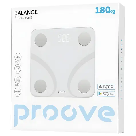 Proove SMART Scale Balance biela / Múdra osobná váha / tvrdené sklo / Bluetooth / do 180 kg
