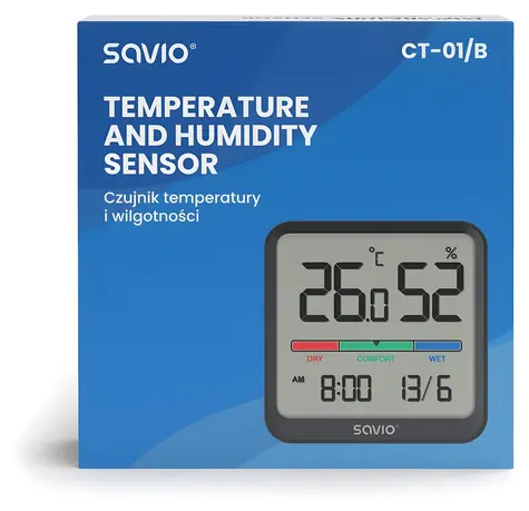 Snímač teploty a vlhkosti CT-01/B čierna / Senzor / vnútorný / LCD displej / hodiny