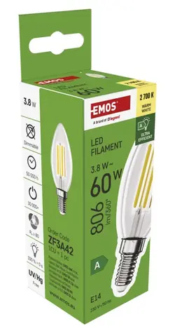 Emos Filament Candle 3,8 W E14 / Žiarovka / náhrada za 60 W / teplá biela / 806 lm