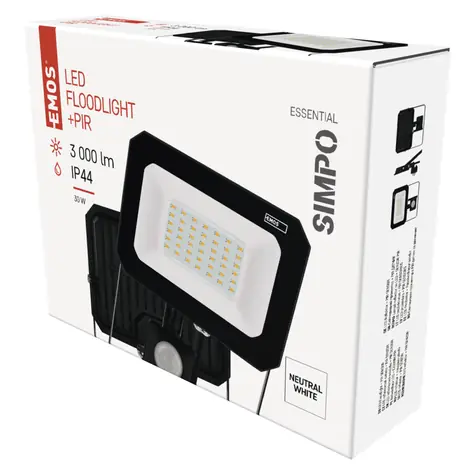 Emos SIMPO 30W / LED reflektor / PIR čidlo / neutrálna biela / IP44 / 3000 lm