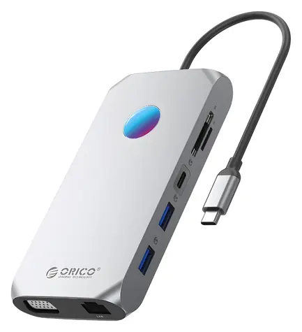 Orico USB-C hub 12v1 RGB (Orico-XCR-X2-GY-BP) / Dokovacia stanica / USB-C PD 100W / 3x USB-A 3.1 / HDMI 4K 30Hz / VGA