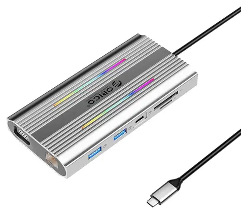 Orico USB-C hub 12v1 RGB šedá / USB-C hub / PD 100W / 2x HDMI 4K 60Hz / VGA / RJ45 Gigabit