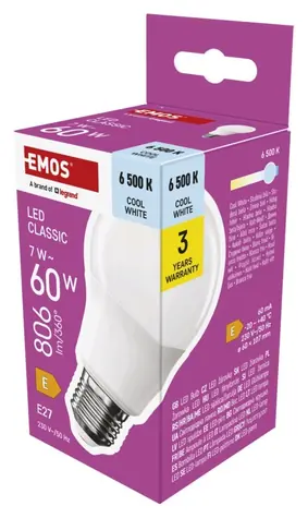 Emos LED žiarovka Classic A60 7W / 60W E27 / studená biela / 806 lm