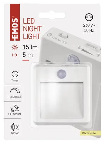 Emos P3319 / LED nočné svetlo / do zásuvky 230V / PIR čidlo / fotosenzor / vypínač / 15 lm